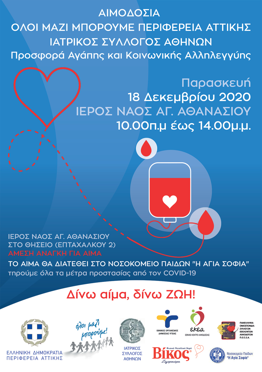 Eθελοντικές αιμοδοσίες για την κάλυψη των αναγκών του νοσοκομείου Παίδων «Αγία Σοφία»