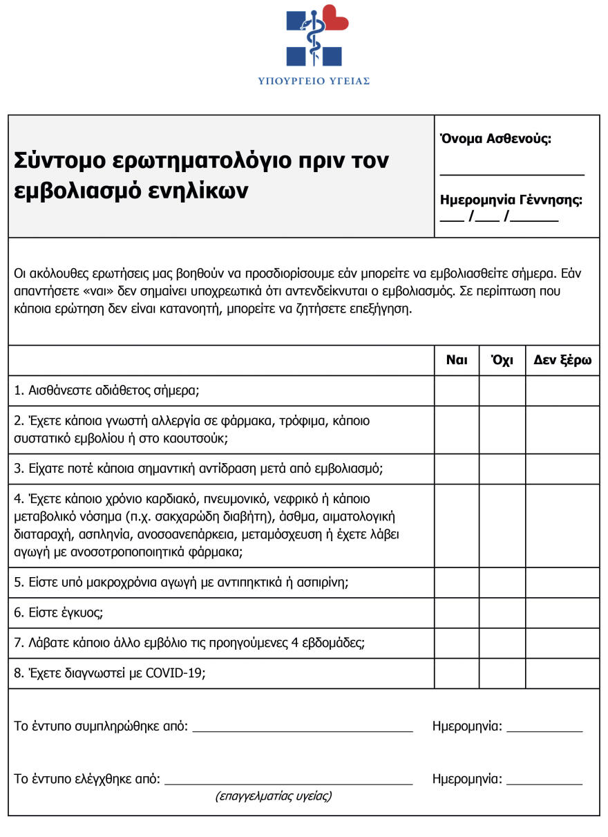 Εμβολιασμός για τον κορωνοϊό: Αυτά είναι τα έντυπα - Τι θα ρωτούν οι γιατροί