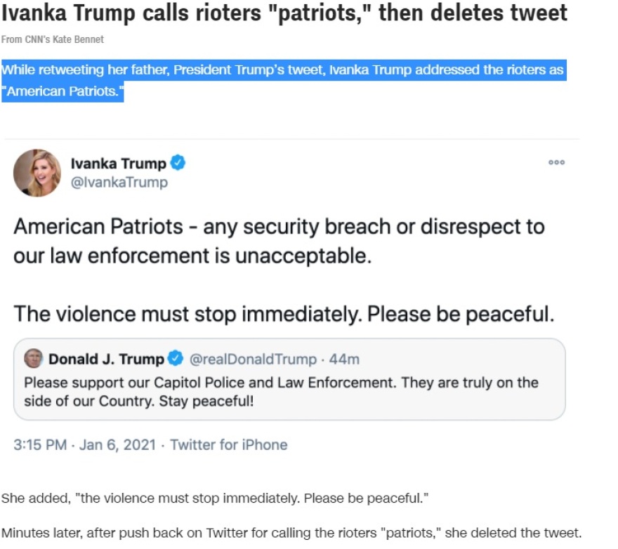 Ιβάνκα Τραμπ: Αρχικά χαρακτήρισε «πατριώτες» τους διαδηλωτές και μετά διέγραψε το tweet