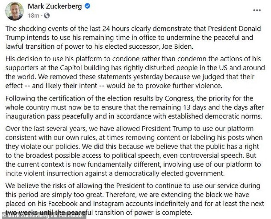  Ντόναλντ Τραμπ: Το Facebook μπλοκάρει τον λογαριασμό του τουλάχιστον μέχρι την ορκωμοσία Μπάιντεν