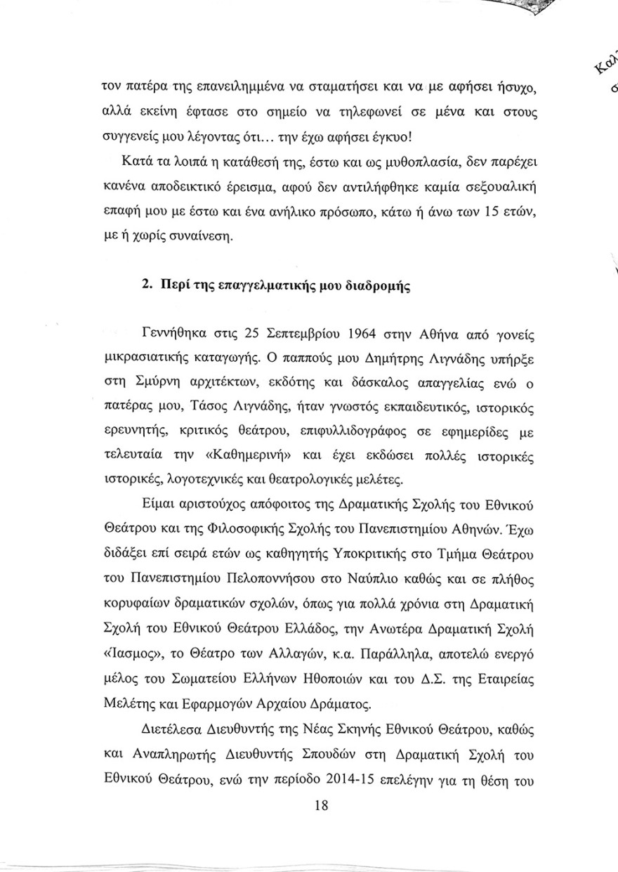 Διαβάστε το υπόμνημα Λιγνάδη στην ανακρίτρια - Τι ισχυρίζεται για την παιδεραστία