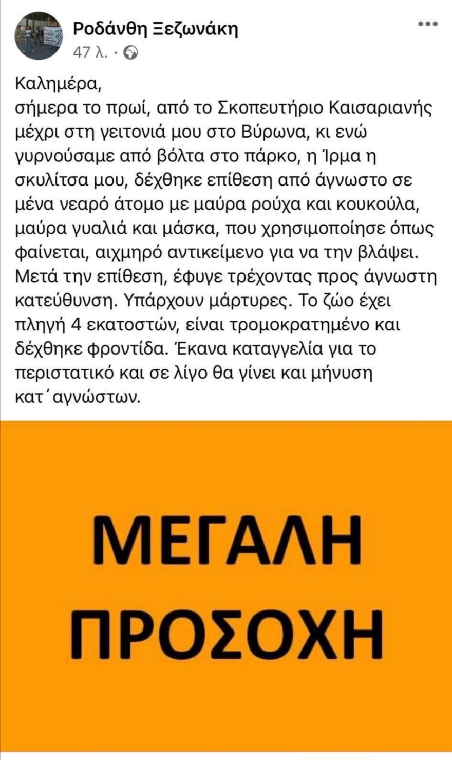 Άγνωστος επιτέθηκε σε σκύλο με αιχμηρό αντικείμενο στον Βύρωνα