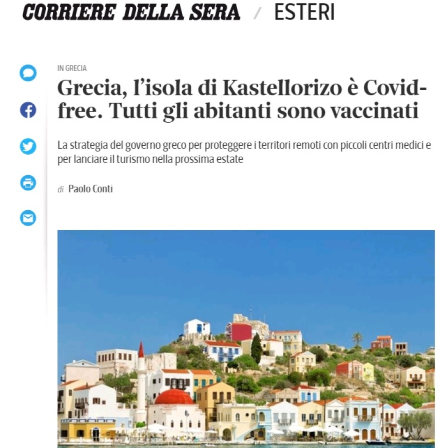 Κορωνοϊός - Corriere della Sera: Covid-free το Καστελλόριζο - Εμβολιάστηκαν όλοι