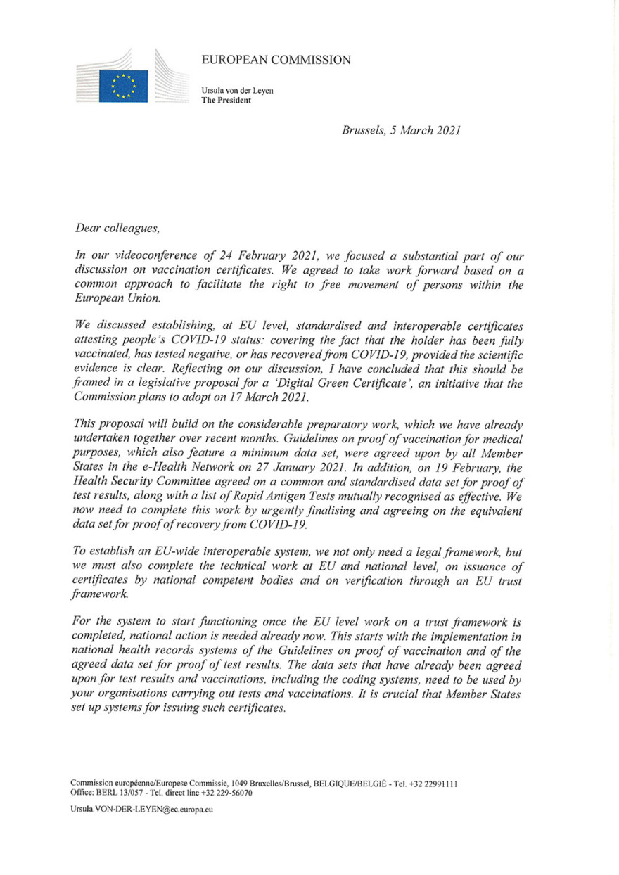 Πιστοποιητικό εμβολιασμού - Φον Ντερ Λάιεν: Στις 17 Μαρτίου η υιοθέτηση της πρότασης