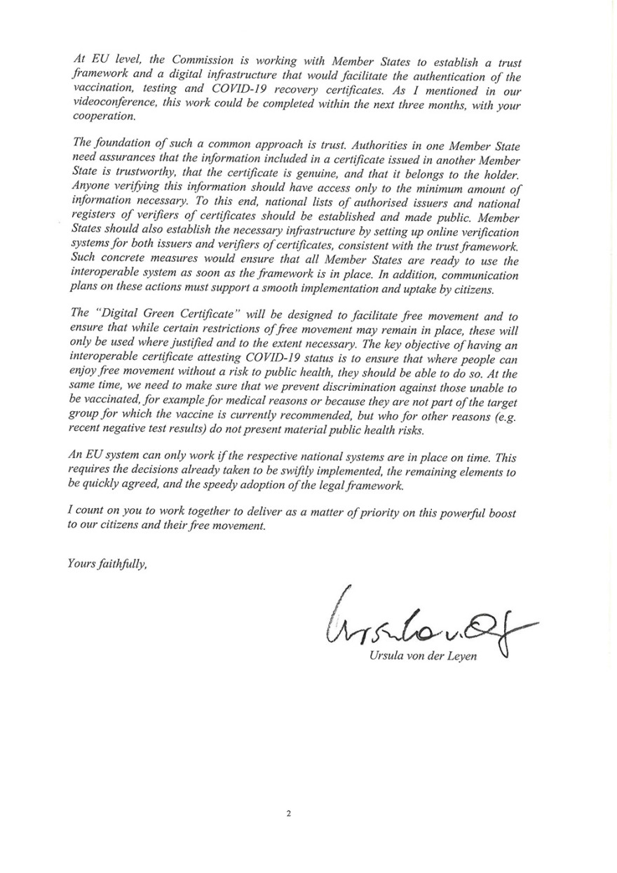 Πιστοποιητικό εμβολιασμού - Φον Ντερ Λάιεν: Στις 17 Μαρτίου η υιοθέτηση της πρότασης