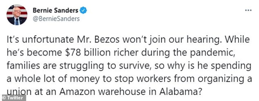 «Πυρά» Μπέρνι Σάντερς προς τον Τζεφ Μπέζος - «Έγινε πλουσιότερος κατά 78 δισ. και άλλοι παλεύουν να επιβιώσουν»