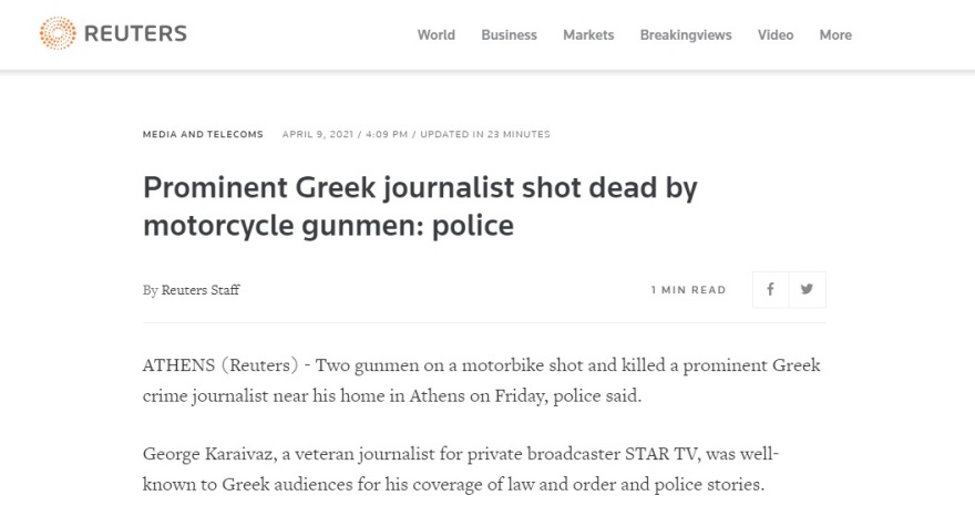 Γιώργος Καραϊβάζ: Θέμα στο Reuters η εν ψυχρώ δολοφονία του