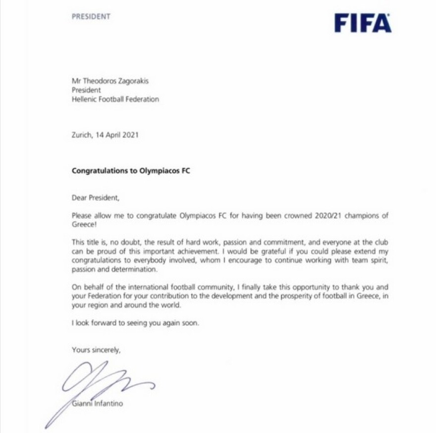 Ολυμπιακός: Η συγχαρητήρια επιστολή του Ινφαντίνο στον Ζαγοράκη για την ανάδειξη του πρωταθλητή