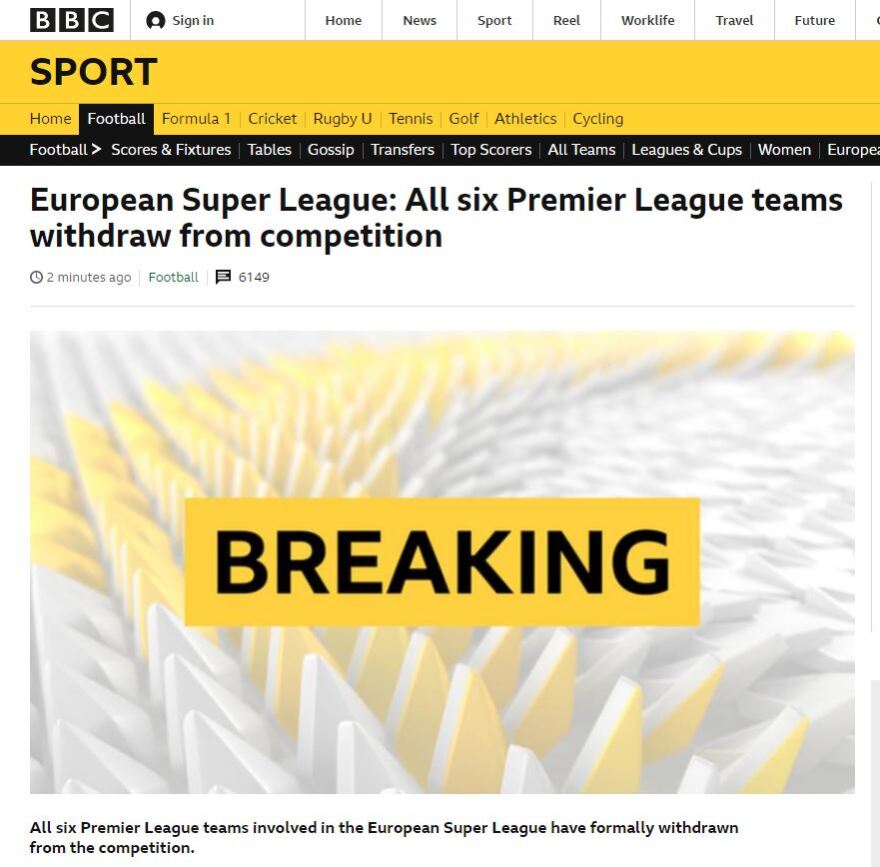 European Super League: Υπό διάλυση η ESL μετά την αποχώρηση των 6 αγγλικών ομάδων