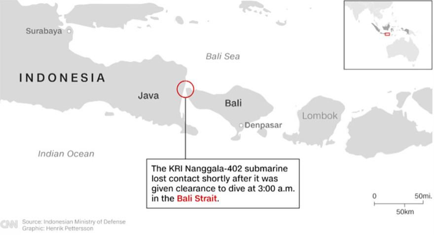 Ινδονησία: 72 ώρες μέχρι να εξαντληθούν τα αποθέματα οξυγόνου στο αγνοούμενο υποβρύχιο