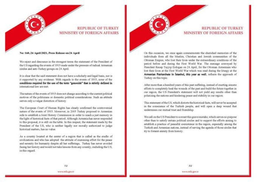 Έξαλλη η τουρκική ηγεσία μετά το χαστούκι Μπάιντεν:  Αρνείται την Γενοκτονία των Αρμενίων