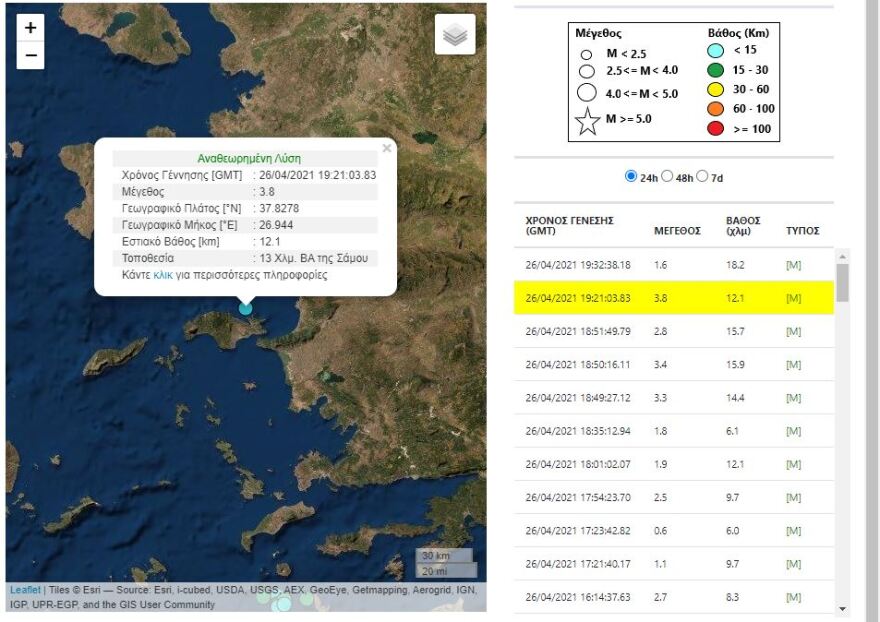 Σεισμική δόνηση 3,8 Ρίχτερ ανοιχτά της Σάμου