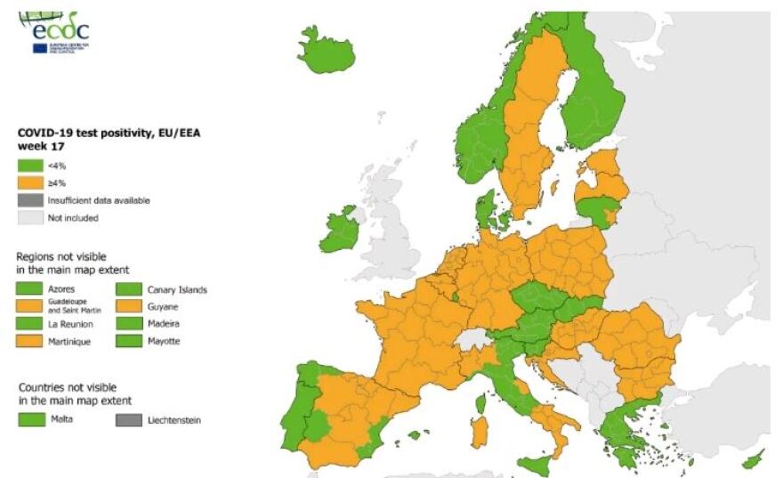 Κορωνοϊός - Χάρτης ECDC: «Πράσινη» η Ελλάδα στον δείκτη θετικότητας για τρίτη συνεχόμενη εβδομάδα