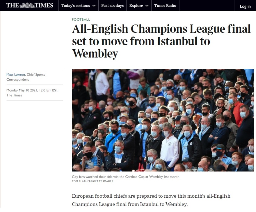 Times: «Στο Γουέμπλεϊ ο τελικός του Champions League»