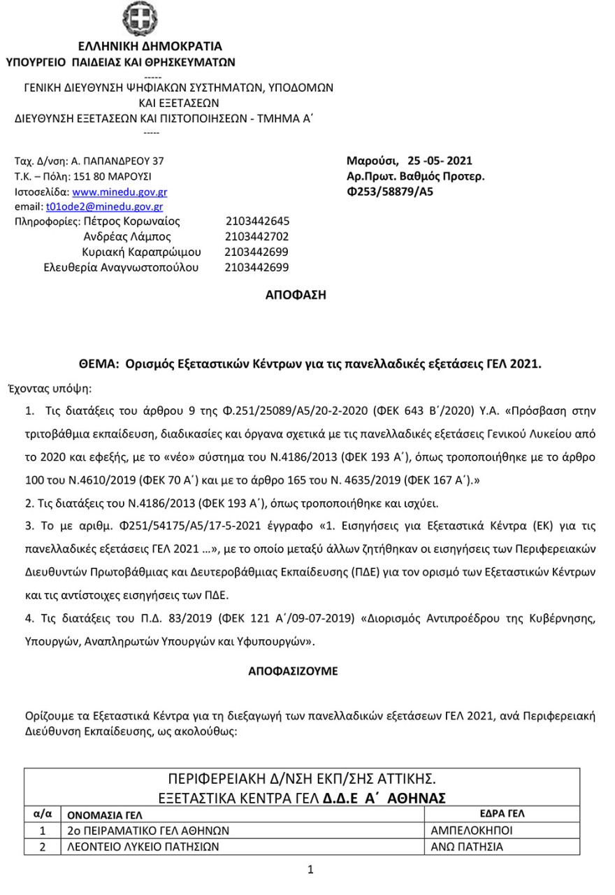Πανελλαδικές 2021: Αυτά είναι τα εξεταστικά κέντρα σε ολόκληρη τη χώρα