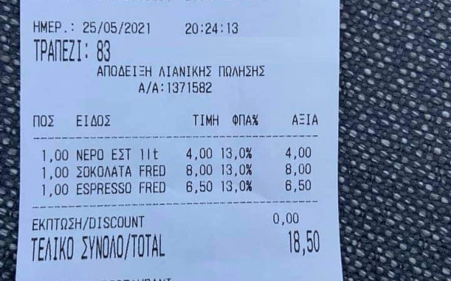 Μύκονος: 18,5 ευρώ για έναν καφέ, μία σοκολάτα κι ένα μπουκάλι νερό – Δείτε την απόδειξη