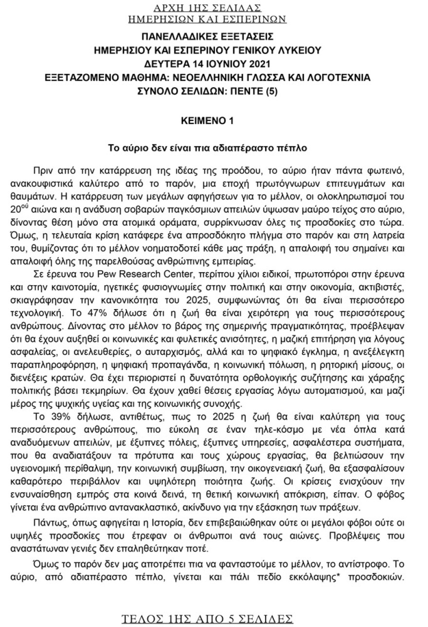 Πανελλαδικές εξετάσεις 2021: Αυτά είναι τα θέματα της Νεοελληνικής Γλώσσας και Λογοτεχνίας - Τι έπεσε στην Έκθεση