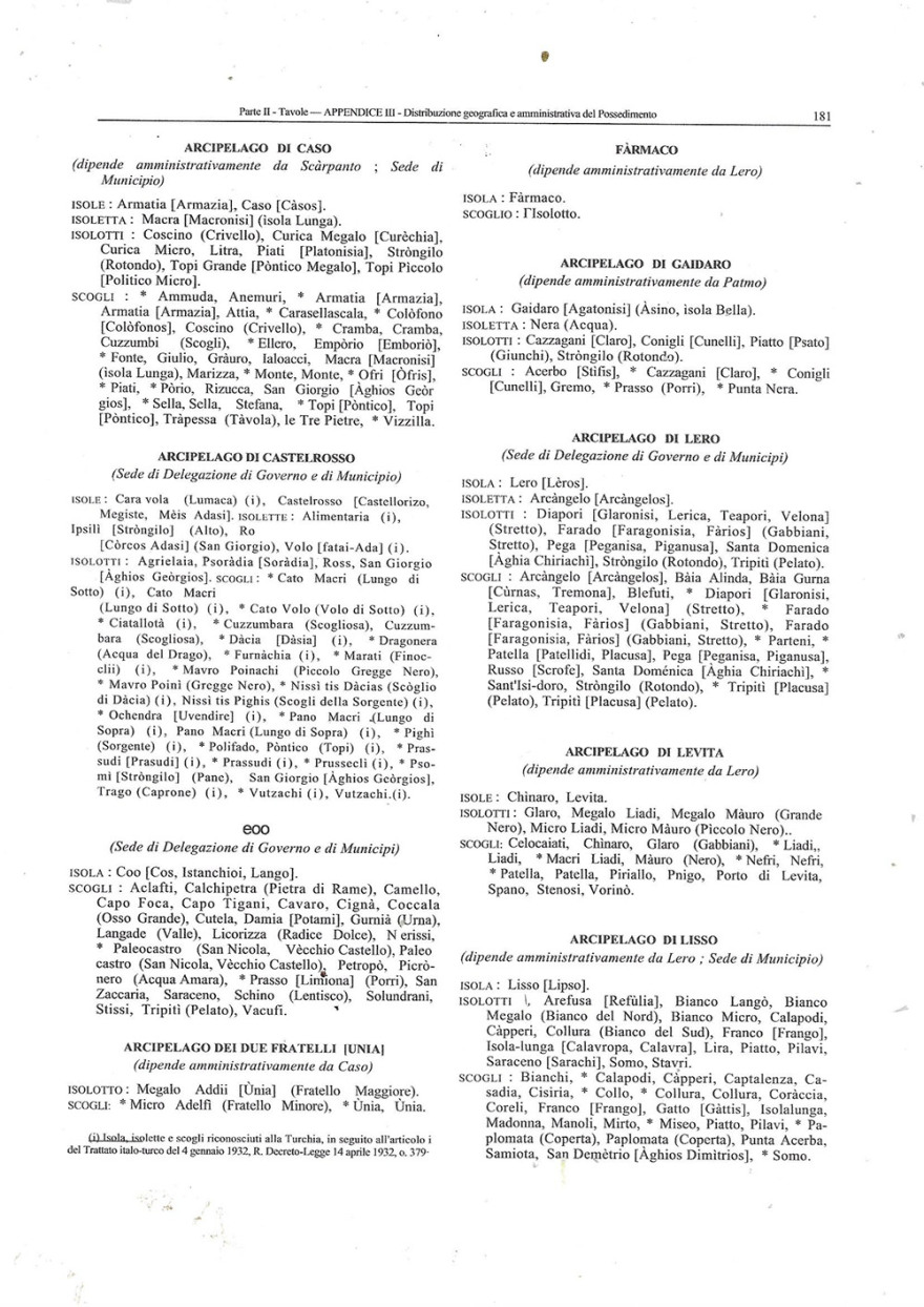 Δωδεκάνησα 2:Ο πλήρης κατάλογος με τα νησιά, νησίδες και βραχονησίδες των Δωδεκανήσων από το Ιταλικό Φ.Ε.Κ του 1936, που πέρασαν στην Ελλάδα το 1947