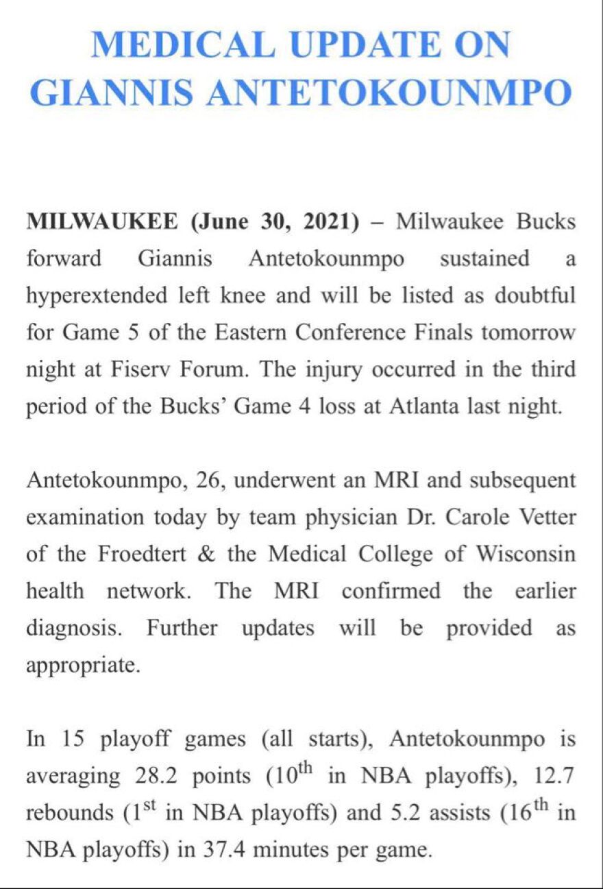 Γιάννης Αντετοκούνμπο: Την γλίτωσε με υπερέκταση γονάτου - Αμφίβολος για τον 5ο τελικό των Μπακς 