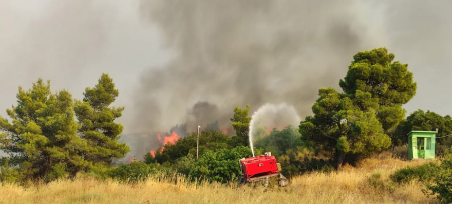 Πυρκαγιά στην Αττική: Στρατιωτικό άρμα Leopard-1 μετασκευασμένο σε πυροσβεστικό σβήνει φωτιά