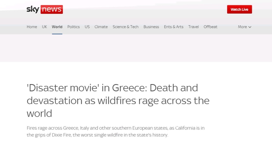 Φωτιές - Θέμα στο Sky News: «Ταινία καταστροφής» με τις πυρκαγιές στην Ελλάδα