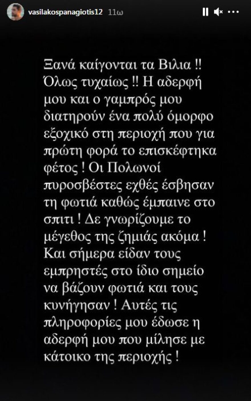 Παναγιώτης Βασιλάκος: Τυλίχτηκε στις φλόγες το εξοχικό της αδερφής του στα Βίλια 