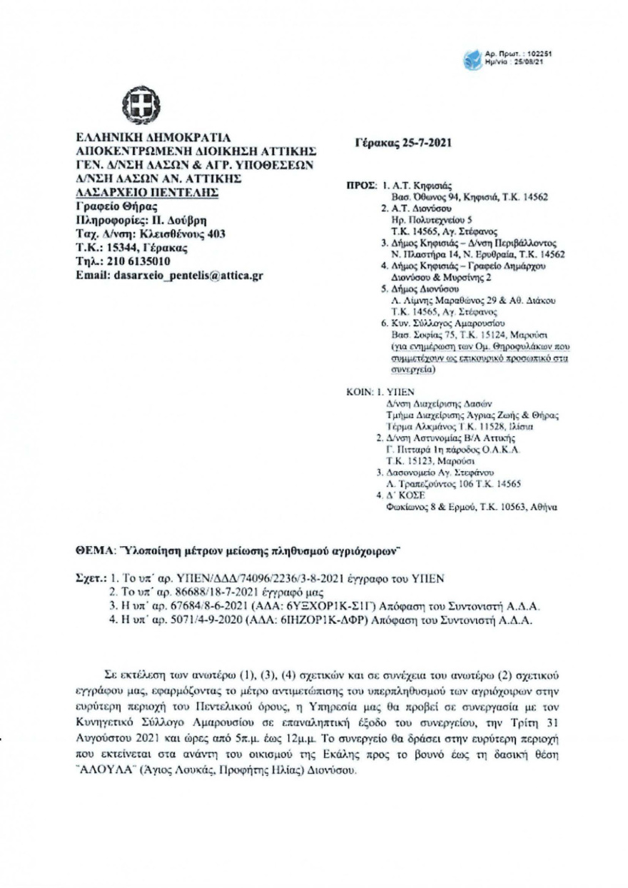 Ακυρώθηκε το κυνήγι αγριογούρουνων σε Εκάλη-Διόνυσο μετά τις αντιδράσεις  