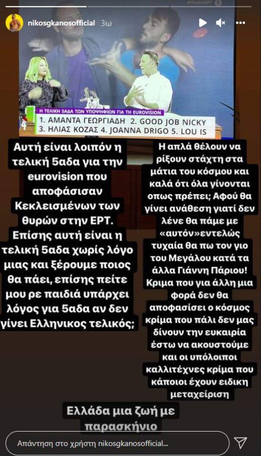 Ξεσπά ο Νίκος Γκάνος κατά της ΕΡΤ για την Eurovision 