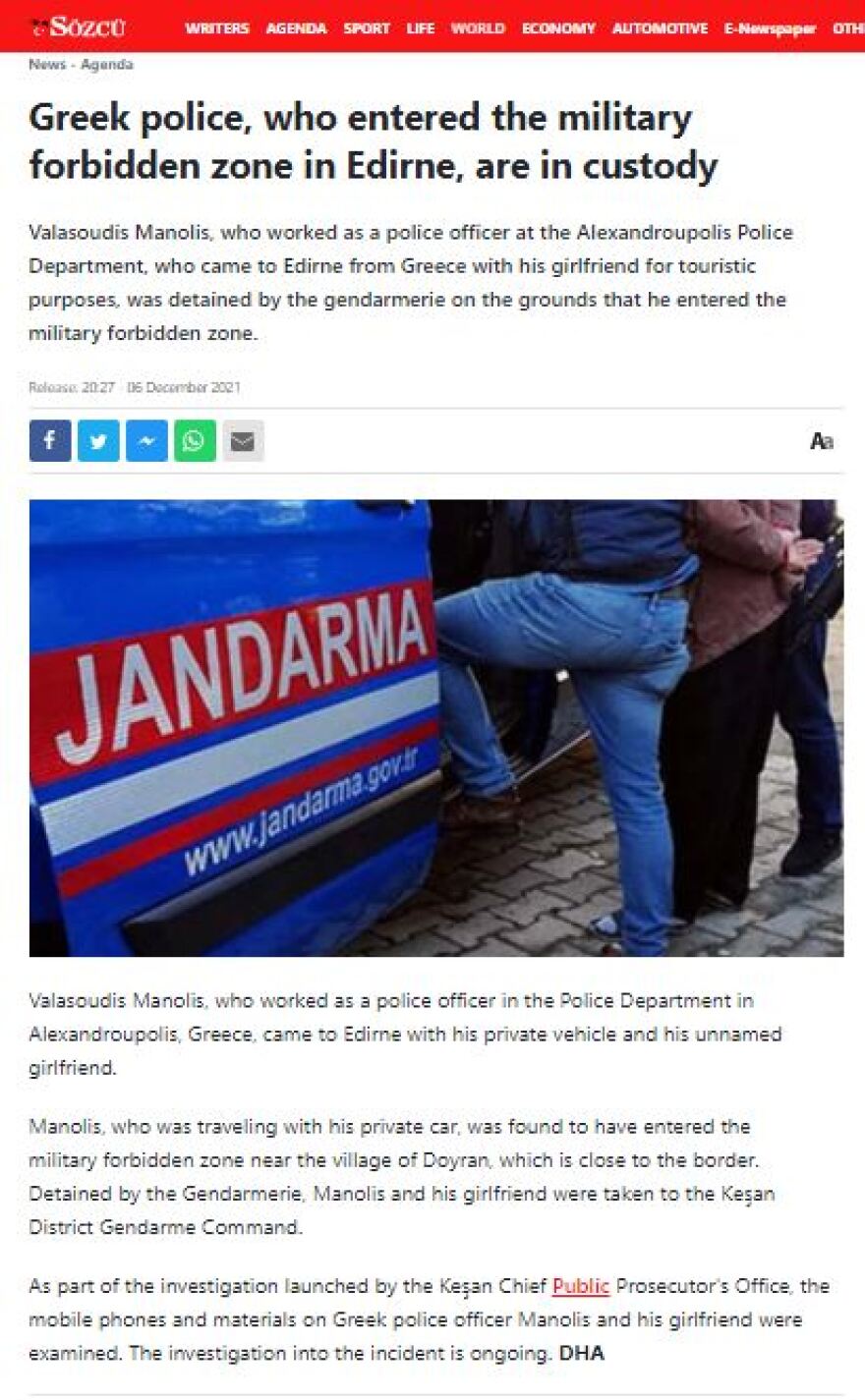 Toν γύρο των τουρκικών ΜΜΕ κάνει η σύλληψη του Έλληνα αστυνομικού και της συντρόφου του 