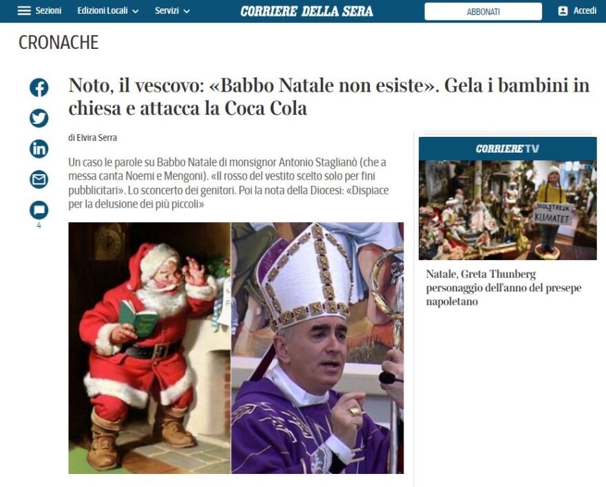 Ιταλία: Σάλος με επίσκοπο που «γκρεμίζει» τα παιδικά όνειρα - «Δεν υπάρχει Άγιος Βασίλης, είναι προϊόν μάρκετινγκ»!