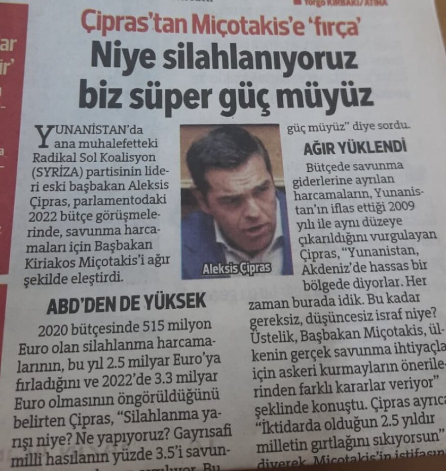 Χουριέτ: «Κατηγορίες Τσίπρα προς Μητσoτάκη: Γιατί εξοπλιζόμαστε; Θα γίνουμε μήπως υπερδύναμη;»