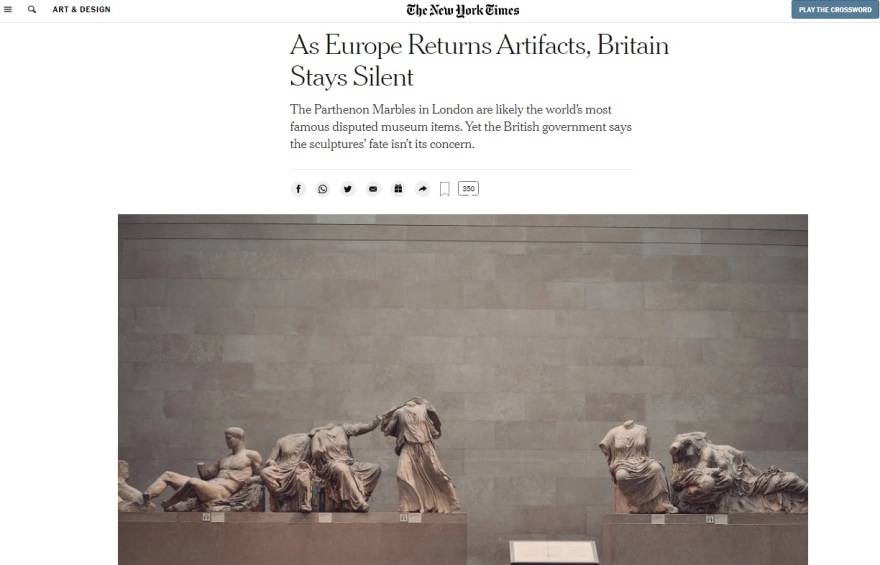 Γλυπτά Παρθενώνα - NY Times: «Ενώ η Ευρώπη επιστρέφει τεχνουργήματα, η κυβέρνηση Τζόνσον παραμένει σιωπηλή»