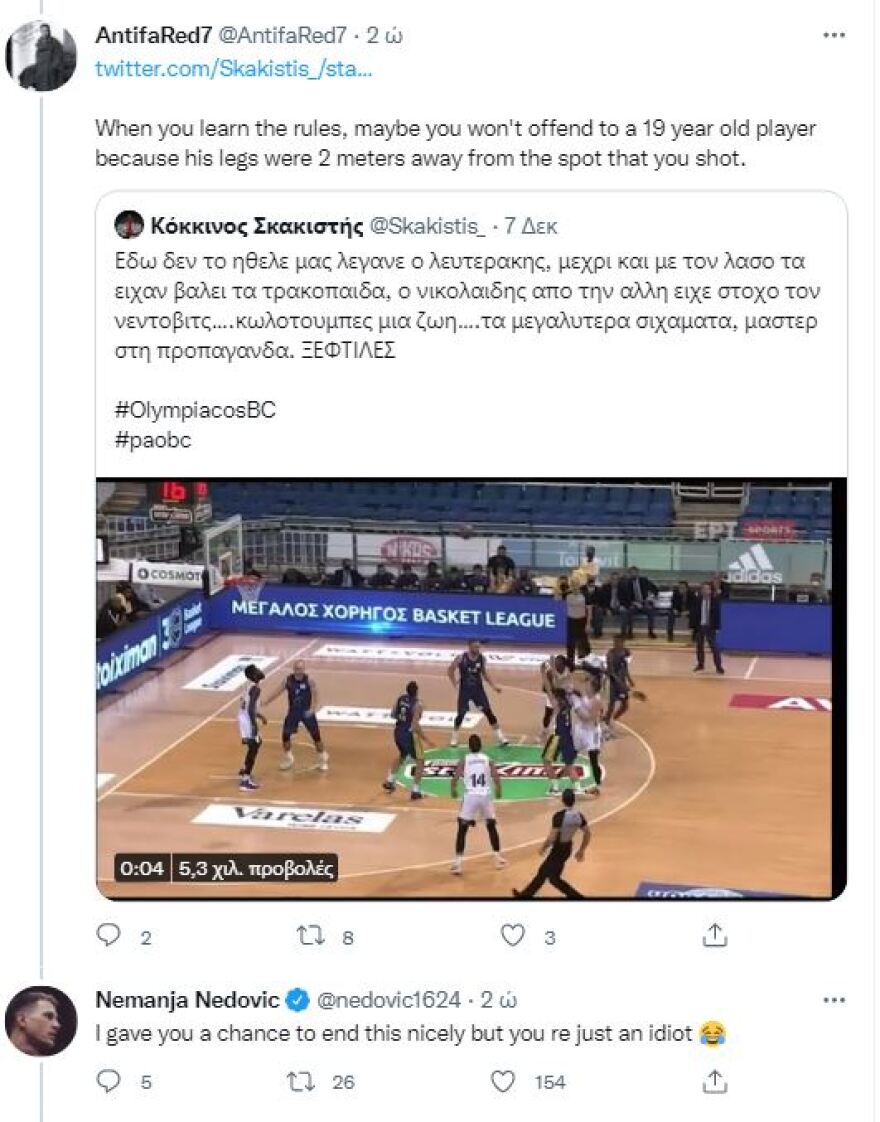 Τσακωμός Νέντοβιτς με φίλο του Ολυμπιακού στο Twitter για ένα μαρκάρισμα!