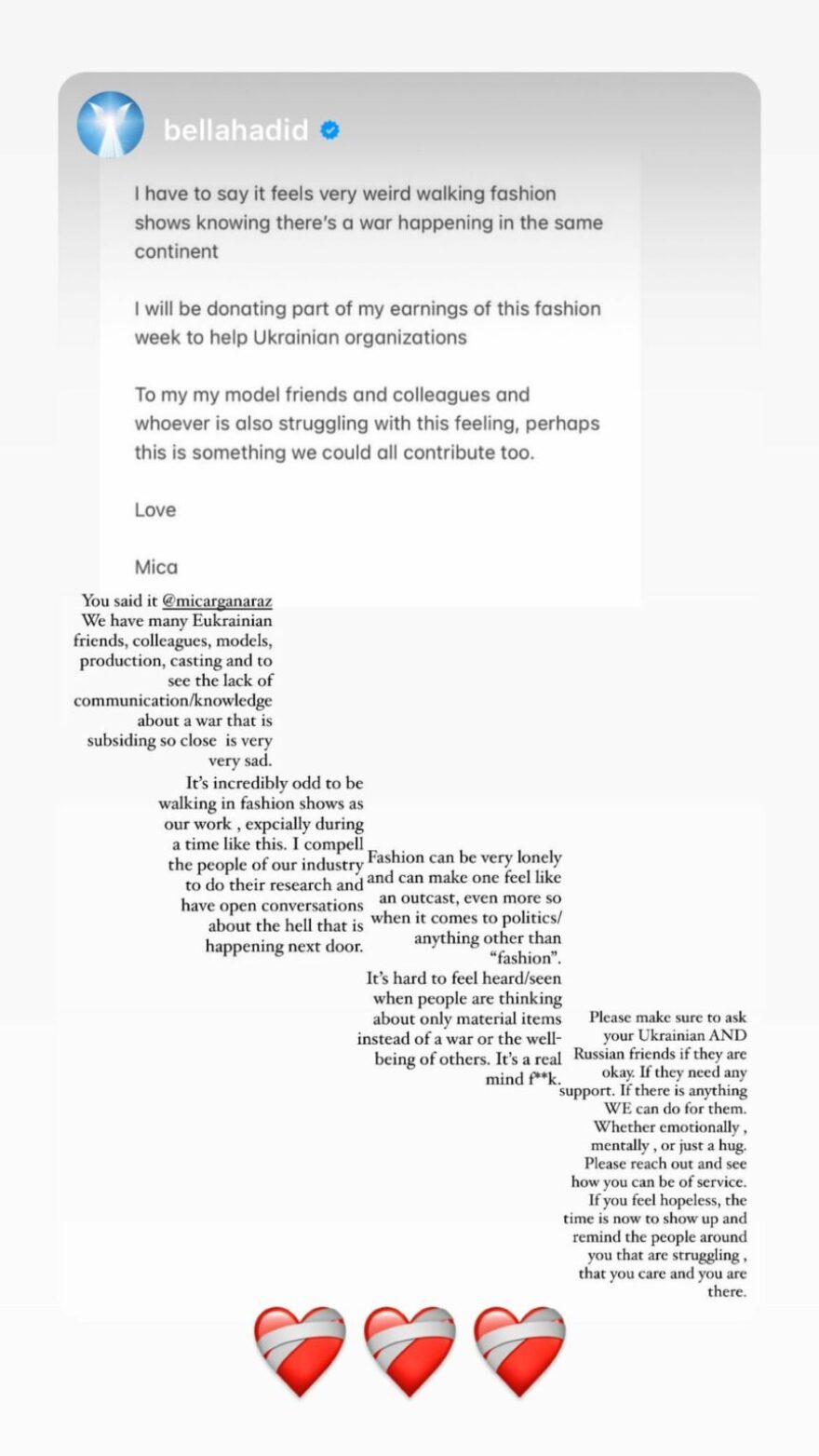 Η Μπέλα Χαντίντ δωρίζει μέρος της αμοιβής της από την Εβδομάδα Μόδας στην Ουκρανία
