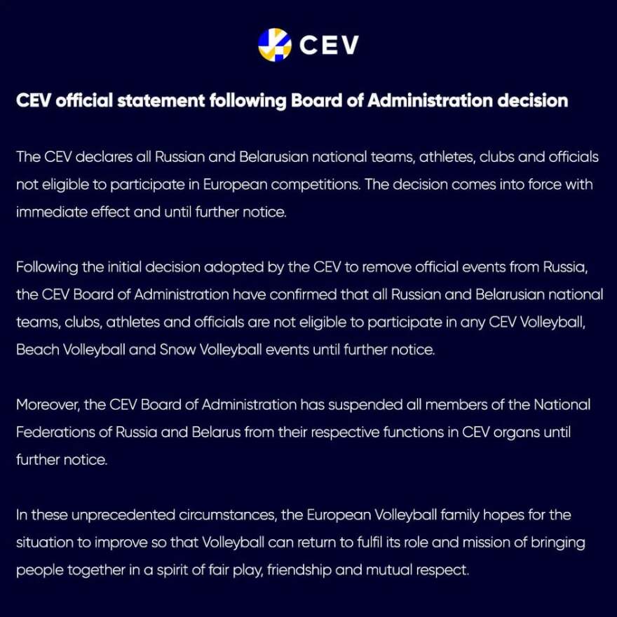 Eκτός διεθνών διοργανώσεων βόλεϊ Ρωσία και Λευκορωσία