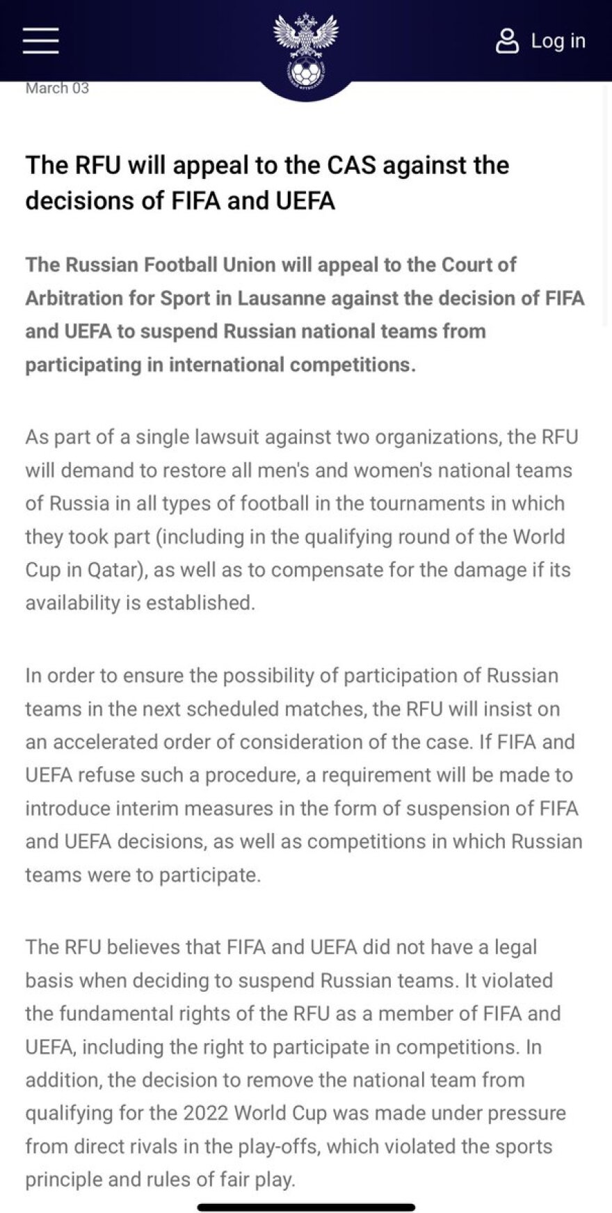  Προσφυγή στο CAS από την Ρωσία κατά της απόφασης αποκλεισμού από UEFA και FIFA 