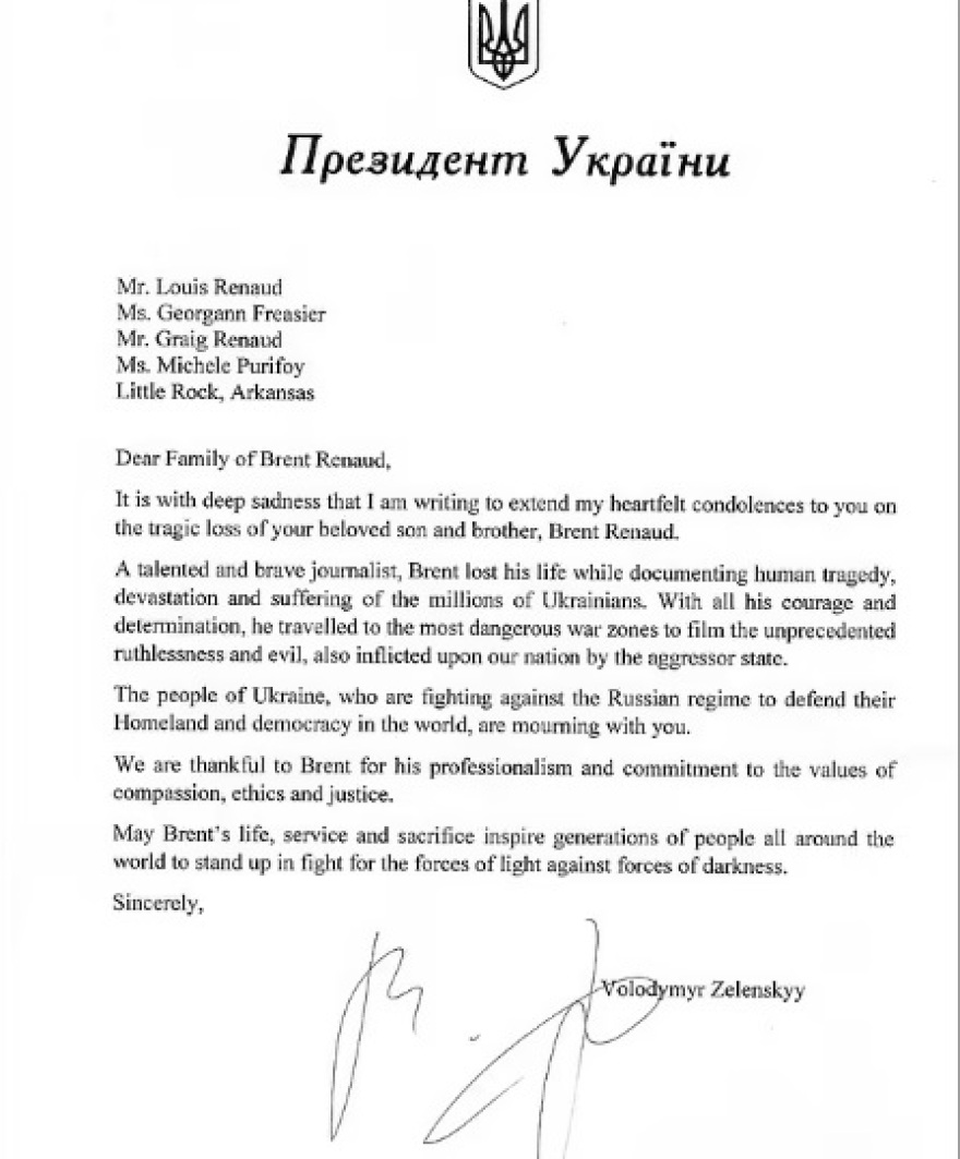 Πόλεμος στην Ουκρανία: Επιστολή Ζελένσκι στην οικογένεια του δημοσιογράφου Μπρεντ Ρενό