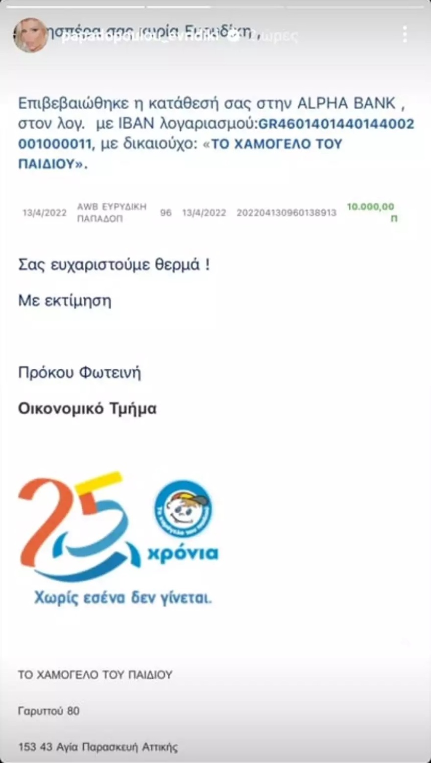 Ευρυδίκη Παπαδόπουλου: Δώρισε μέρος από την αμοιβή της στο Survivor στο «Χαμόγελο του παιδιού»