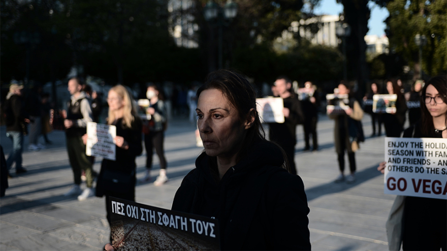 Να σταματήσει το «βάρβαρο» έθιμο του σουβλίσματος του αρνιού, είπαν δεκάδες vegan στο Σύνταγμα