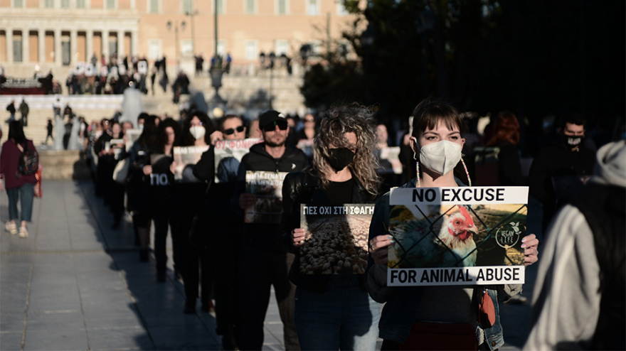Να σταματήσει το «βάρβαρο» έθιμο του σουβλίσματος του αρνιού, είπαν δεκάδες vegan στο Σύνταγμα