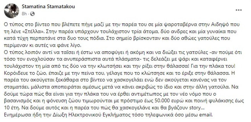 Σοκαριστικό βίντεο: Άντρας σε ψαροταβέρνα δελέασε με φαγητό γάτα και την κλώτσησε στη θάλασσα