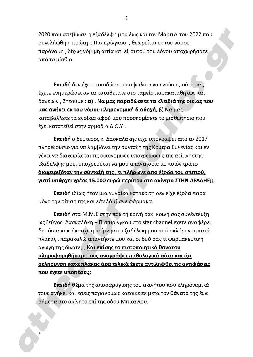 Ρούλα Πισπιρίγκου: Παρέλαβε εξώδικο από την οικογένεια της σπιτονοικοκυράς για να επιστρέψει τα κλειδιά του σπιτιού