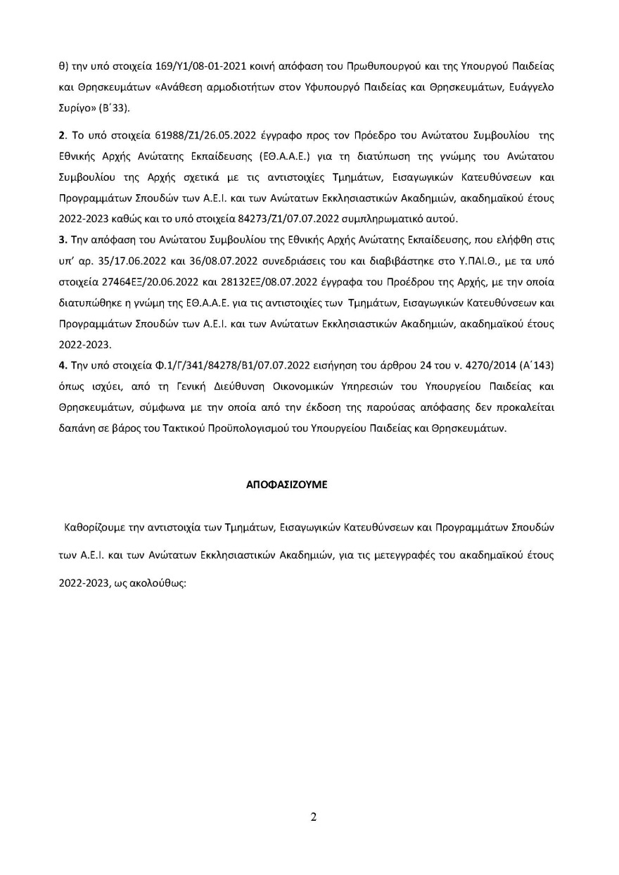 Ανακοινώθηκαν οι αντιστοιχίες των Πανεπιστημιακών Τμημάτων για το ακαδημαϊκό έτος 2022-2023