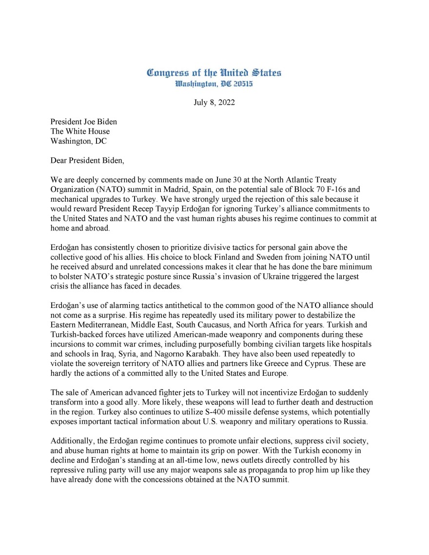 ΗΠΑ: 35 βουλευτές με επιστολή τους στον Μπάιντεν του ζητούν να μην δώσει F-16 στην Τουρκία