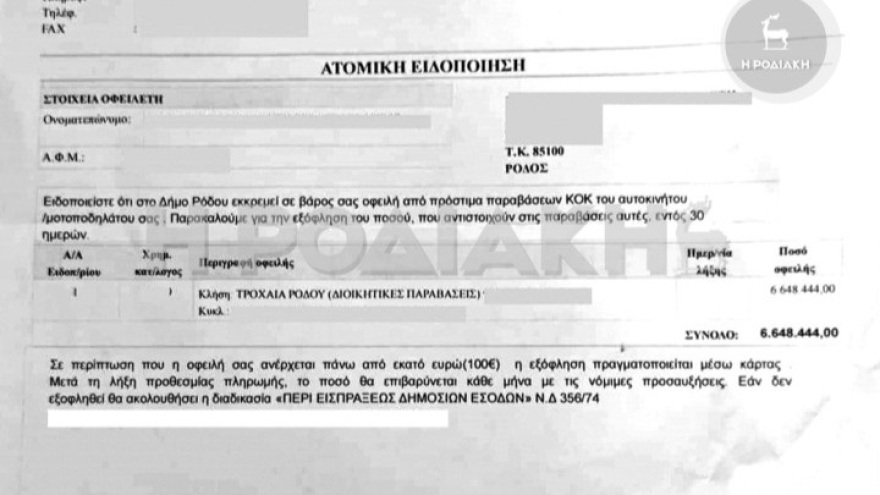 Ροδίτισσα έλαβε ειδοποιητήριο με πρόστιμο 6.648.444 ευρώ για τροχονομική παράβαση!