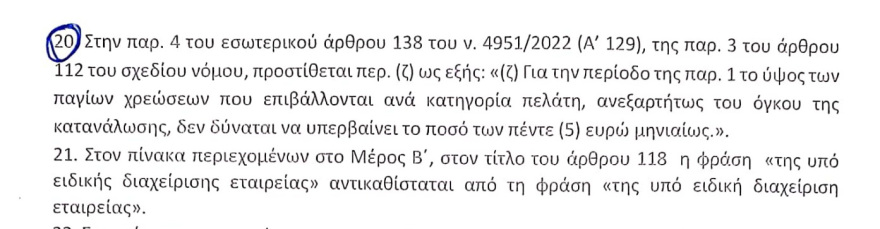 Τροπολογία για πλαφόν €5 στις μηνιαίες πάγιες χρεώσεις στο ρεύμα