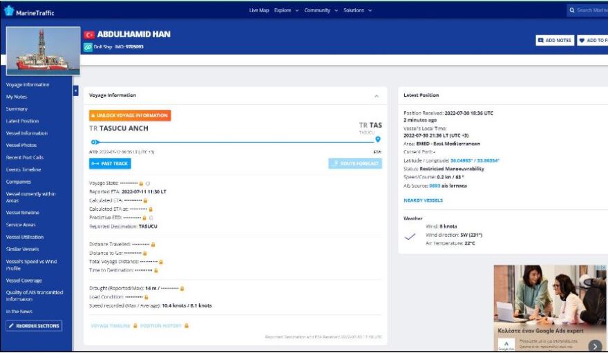 Τουρκία: Το γεωτρύπανο «Αμπντούλ Χαμίτ Χαν» βγήκε από το λιμάνι Tasuku 