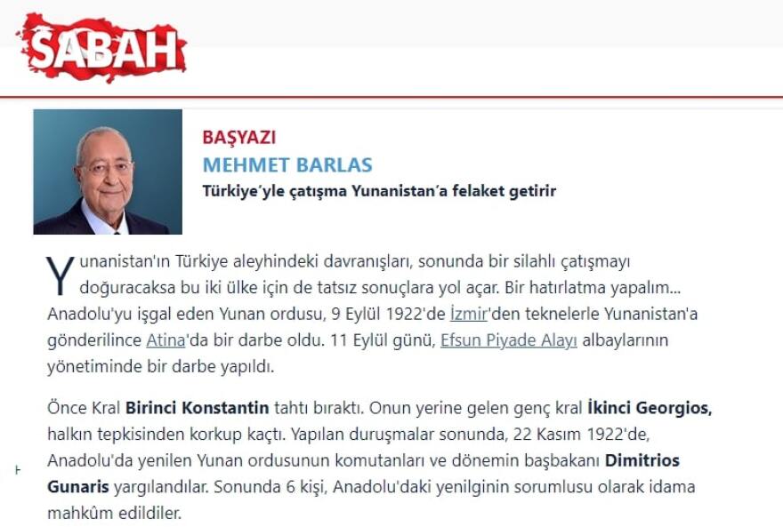 Sabah: «H σύγκρουση με την Τουρκία θα φέρει καταστροφή στην Ελλάδα»