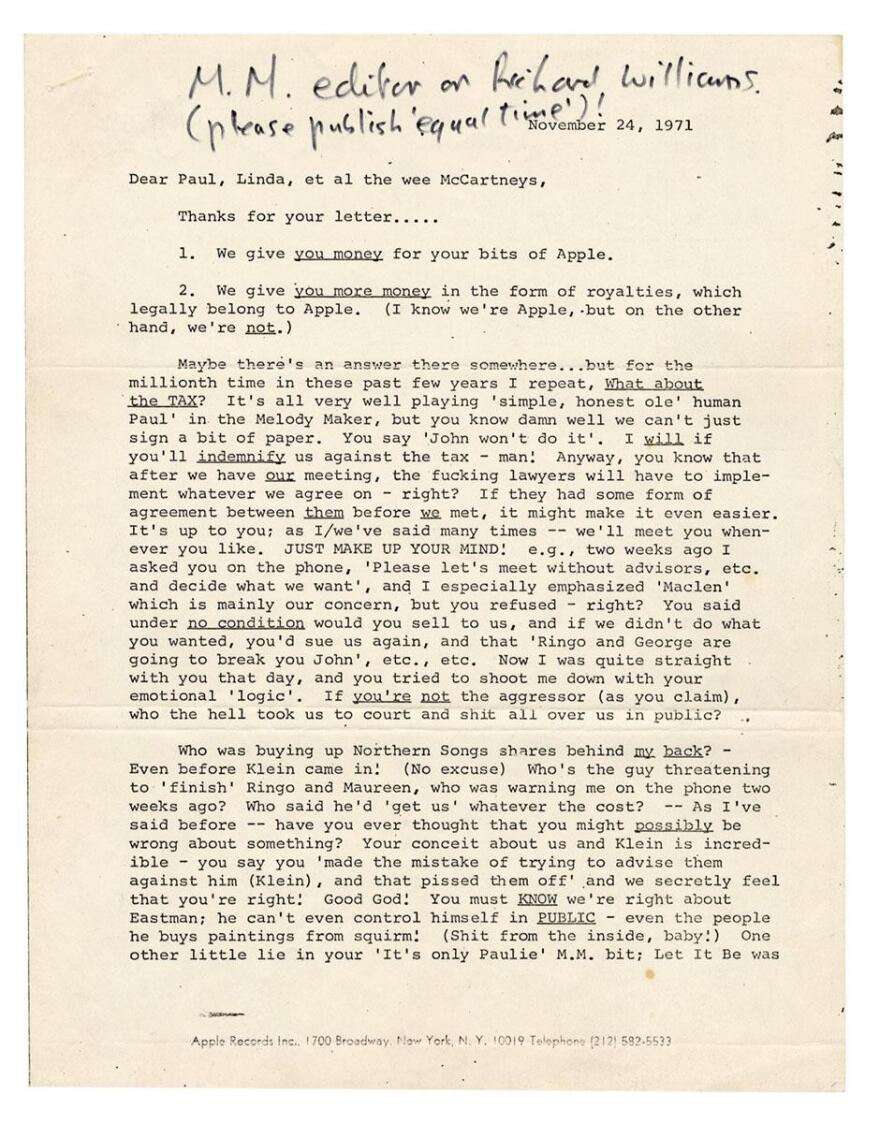 Beatles: Σε δημοπρασία επιστολή που «μαρτυρά» τις κακές σχέσεις του Λένον με τον Μακάρτνεϊ 