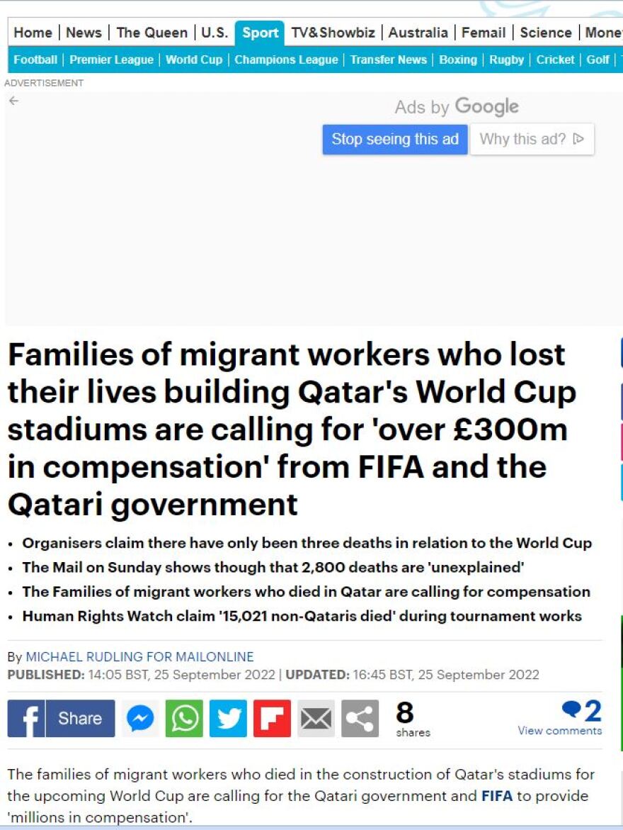 Μουντιάλ 2022: Οι οικογένειες των εργατών που σκοτώθηκαν στο Κατάρ ζητούν 330 εκατ. ευρώ σε αποζημιώσεις